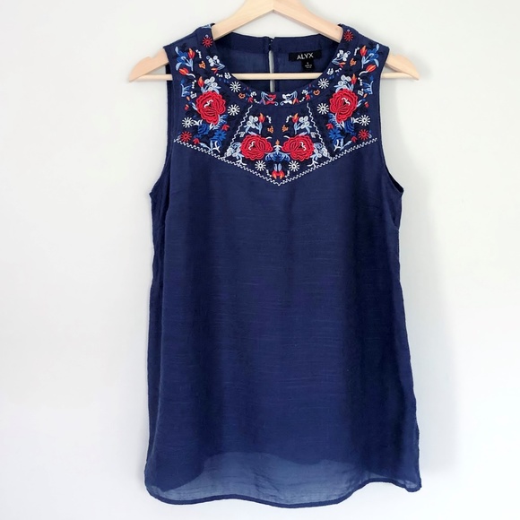 Alyx Navy Blue Floral Embroidered Sleeveless Top - Picture 3 of 6